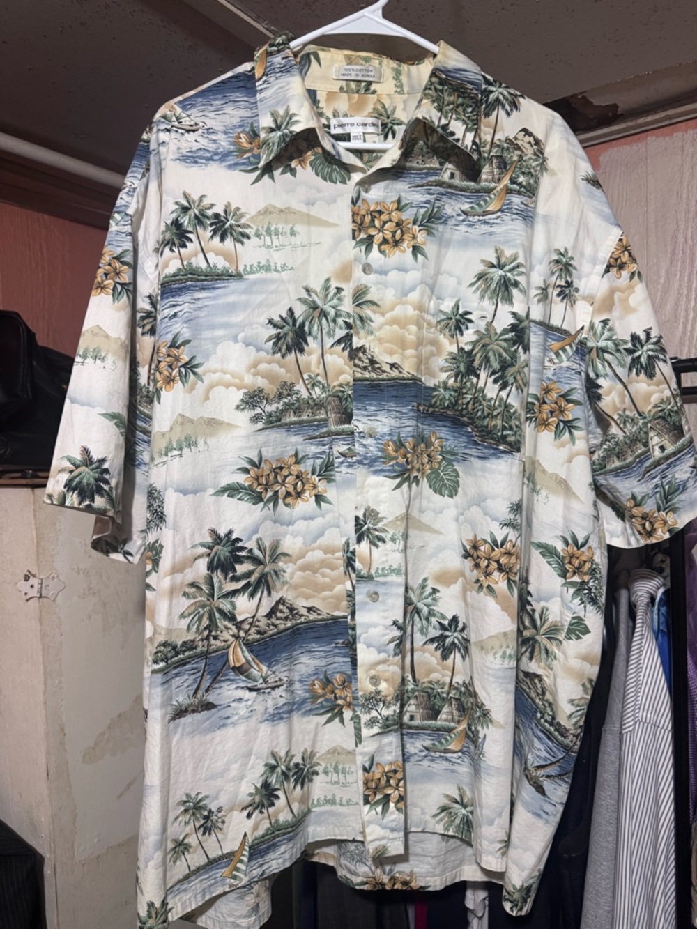 Pierre Cardin Hawaiian Shirt Mens 2XLT Island Scene Boat Palm Button